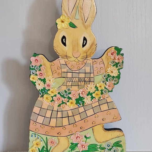 Easter Decoration Vintage 1980s Freestanding Wood Table Ornament Easter Bunny - Picture 1 of 10